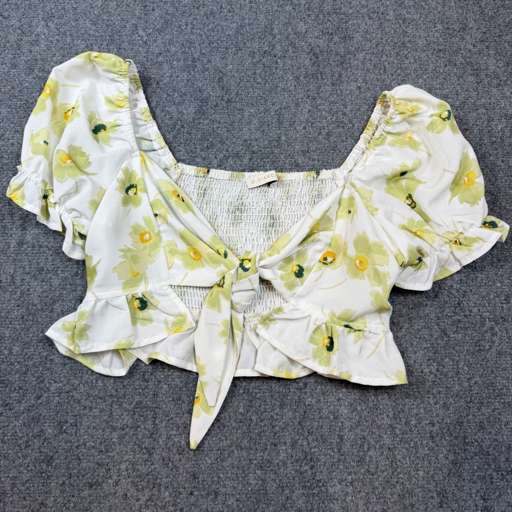 O.VIANCA Floral Smocked Tie Front Crop Top White Green Puff Sleeve Size M
